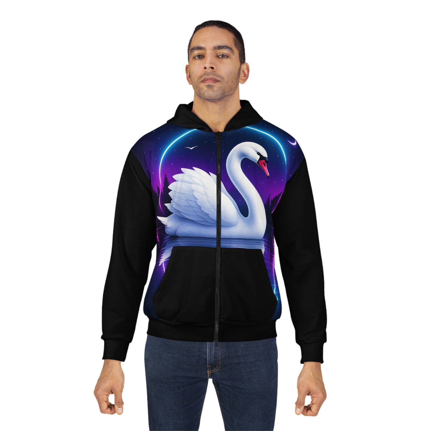 Mystical Swan Unisex Zip Hoodie, Cozy Apparel for Nature Lovers, Perfect for Casual Wear, Gift for Birthdays, Holidays, Eco-Friendly Fashion