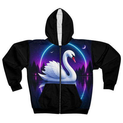Mystical Swan Unisex Zip Hoodie, Cozy Apparel for Nature Lovers, Perfect for Casual Wear, Gift for Birthdays, Holidays, Eco-Friendly Fashion