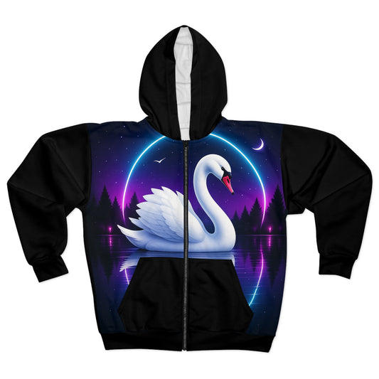 Mystical Swan Unisex Zip Hoodie, Cozy Apparel for Nature Lovers, Perfect for Casual Wear, Gift for Birthdays, Holidays, Eco-Friendly Fashion