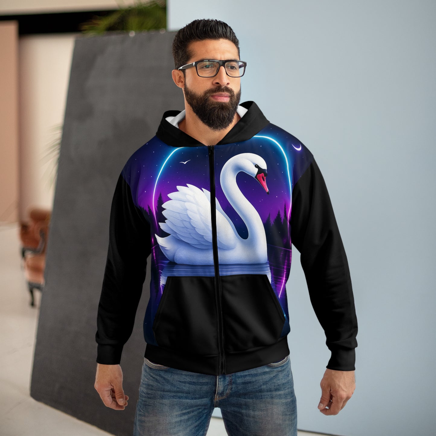 Mystical Swan Unisex Zip Hoodie, Cozy Apparel for Nature Lovers, Perfect for Casual Wear, Gift for Birthdays, Holidays, Eco-Friendly Fashion